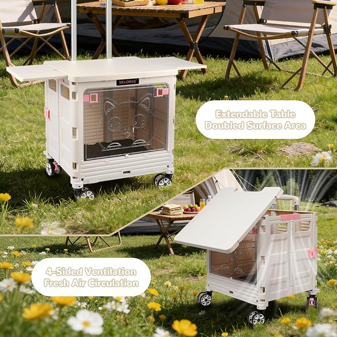 FELICON SELORSS Folding Utility Cart Portable Rolling Crate Handcart on Rotate Wheels with Magnetic Sliding Lid Telescoping Handle Lockable Transparent Front Panel for Travel Shop Office Teacher(Gray)