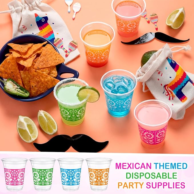 Tanlade 120 Pcs Fiesta Plastic Cups 12 oz Mexican Disposable Party Cups Cinco De Mayo Margarita Drinkware for Mexican Theme Birthday Taco Bar Birthday Wedding Party Supplies Decorations