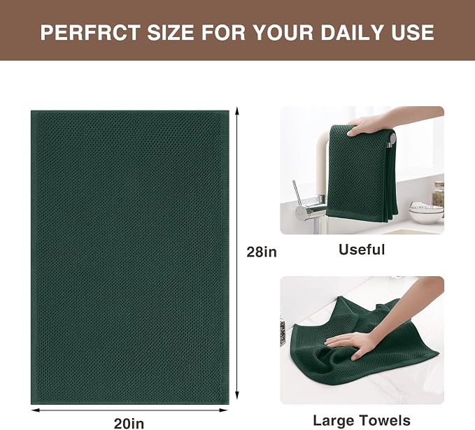 Homaxy 100% Cotton Oversized Waffle Weave Kitchen Dish Towels, Ultra Soft Absorbent Quick Drying Cleaning Towel, 20x28 Inches, 8-Pack, Blackish Green
