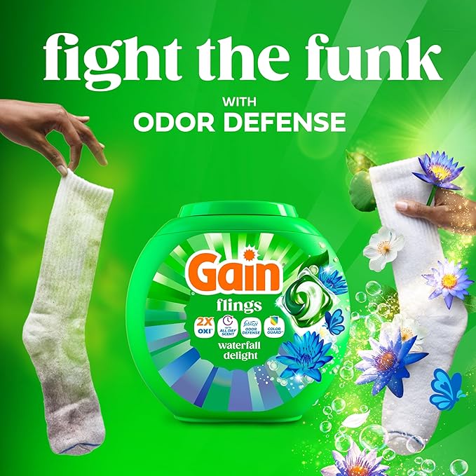 Gain Flings Ultra Oxi Laundry Detergent Pods, Odor Defense + Color Guard, Waterfall Delight Scent, concentrated laundry soap pacs, 102 Count (Packaging May Vary)