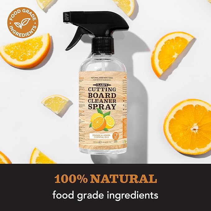 CLARK'S Natural Cutting Board Spray Cleaner, with Microfiber Cloth, for Wood Countertop – Pure Ingredients Filtered Water, Distilled Vinegar, Castile Soap, Lemon & Orange Citrus Oil Extracts, 12oz