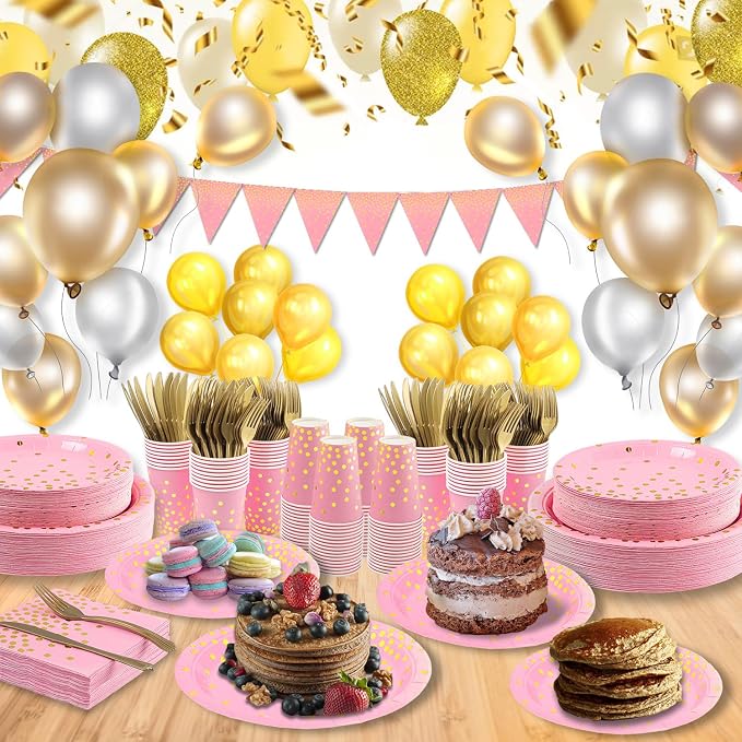Pink and Gold Party Supplies 145PCS Golden Dot Paper Party Dinnerware Includes Paper Plates, Napkins, Knives, Forks, Cups, Banner, for Bachelorette, Girl Birthday, Baby Shower, Serves 24