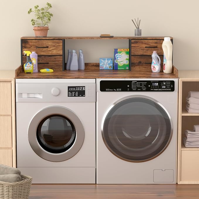 Unionly Washer and Dryer Countertop, 27.5" D x 53.9" W x 12.9" H Solid Wood Washer Dryer Countertop with Organizer Shelves with Four Drawers for Laundry Room Organization (Rustic Brown)
