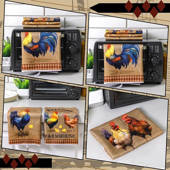 Bencailor 6 Pcs Farmhouse Kitchen Towels Chicken Rooster Kitchen Decor Farm Animal Hand Towels for Cooking Baking Housewarming Gift,15.75 x 23.62 inch(Brown,Retro Chicken Print)