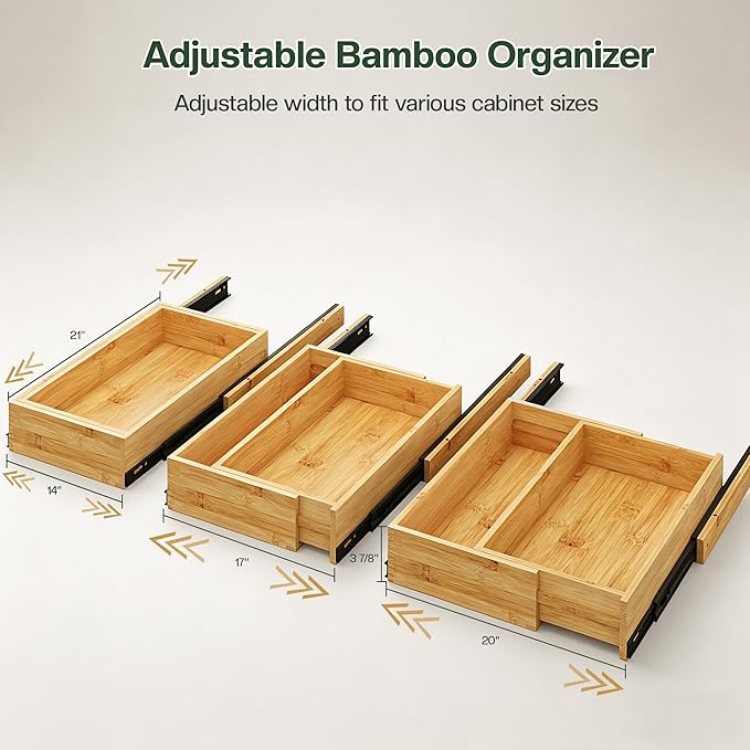 BAMEOS 2-Pack 14" to 20" Adjustable Width Soft Close Slide Out Bamboo Wood Drawer Organizer for Kitchen,Pantry, Bathroom & Under Sink, 2-Pack Wooden Storage, 21" Depth, 66 lbs Capacity