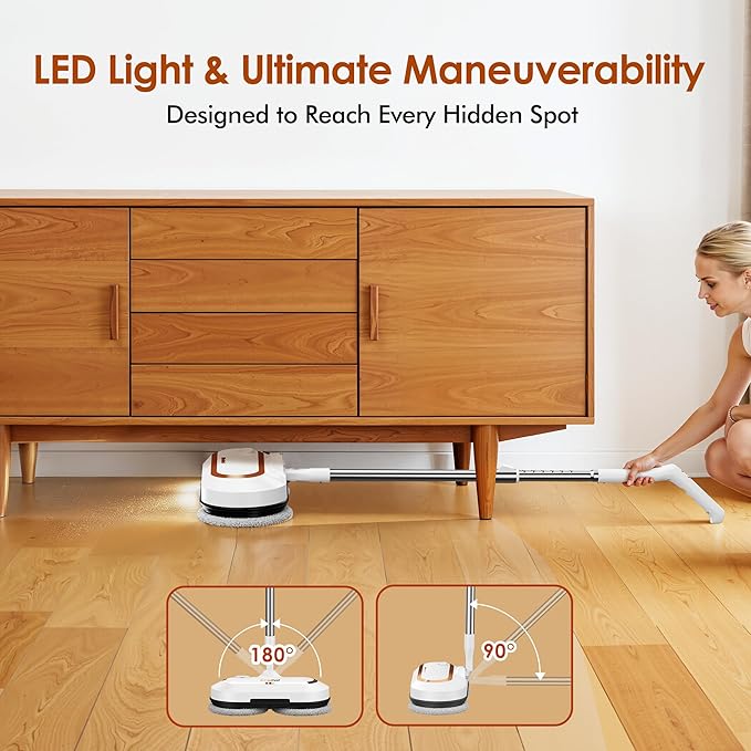 AlfaBot Cordless Electric Mop for Floor Cleaning, Dual Spin with LED Headlight, Water Spray, Long-Lasting Battery, Self-Propelled Floor Cleaner with Adjustable Tube for All Floors