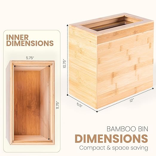 Bamboo Trash Can with Bin Liner Built-in Frame and Premium Lid - Wooden Bathroom Trash can, Bamboo Wastebasket for Bathroom, Bedroom, Living Room, Kitchen or Office