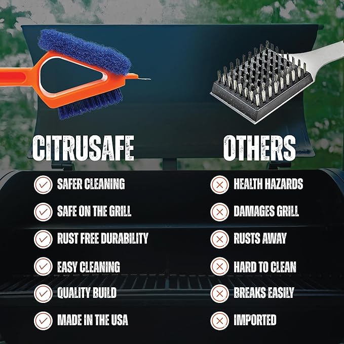 CitruSafe 3in1 Nylon Grill Brush with Scraper & Scrubber - Made in USA - Safe Grill Brush - Grill Brush Non Metal Bristles - BBQ Brushes for Grill Cleaner - Non Metal Grill Brush for Outdoor Grill