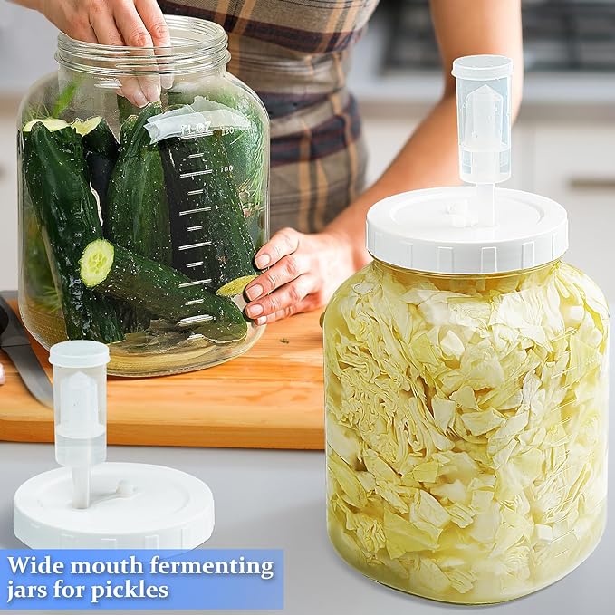 Folinstall 2 Pack 1 Gallon Large Fermentation Jars w 2 SCREW Lid and 3 Airlock - 100% Airtight Lid, Wide Mouth Glass Jar, Pickle Jar w Scale Mark for Sourdough Starter