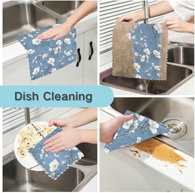 Blue Floral Butterfly Kitchen Towels Dish Cloths Set of 6 Microfiber Cleaning Cloths for Cars Super Absorbent Machine