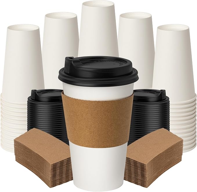 16 oz Coffee Cups with Lids and Sleeves 100 Pack,White Leak-Proof Disposable Coffee Cups for Hot/Cold Beverages, Party Supplies, To-Go Paper Cups for Coffee, Tea, Office, Picnic