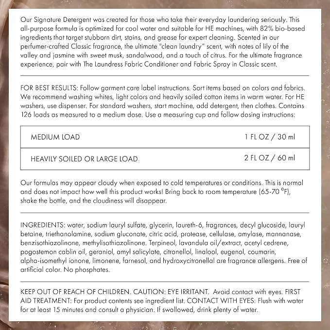 The Laundress Luxury Laundry Detergent, Gallon Pump, 126 Loads, Scented Signature Classic Fragrance, Concentrated Triple Enzyme Deep Cleaning and Targeted Stain Remover, 96% USDA Biobased Product