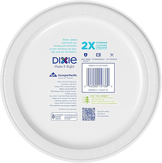 Dixie Medium Paper Plates,8.5 Inch,2X Stronger,Microwave-Safe,Soak-Proof,Cut Resistant,Disposable Plates For Everyday Breakfast,Lunch,& Dinner Meals,90 Count (Pack of 6)