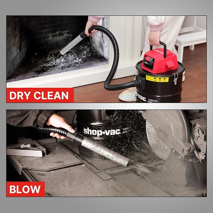 Shop-Vac 5430024 5 Gallon Cordless Ash Vac, 20V Battery, 1.5 in Diameter x 4 Ft Lock-On Hose, Stainless Steel Tank, Includes Blow Feature, Metal Nozzle and Crevice Tool