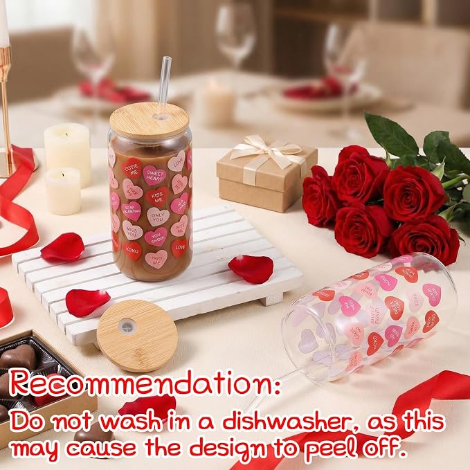 Sliner 2 Pcs Heart Glass Cups Valentines Galentines Day Tumbler 16 oz Iced Coffee Cup Drinking Glasses with Lid Straw Cute Beer Can Tumbler Holiday Gifts for Home Office Decorations