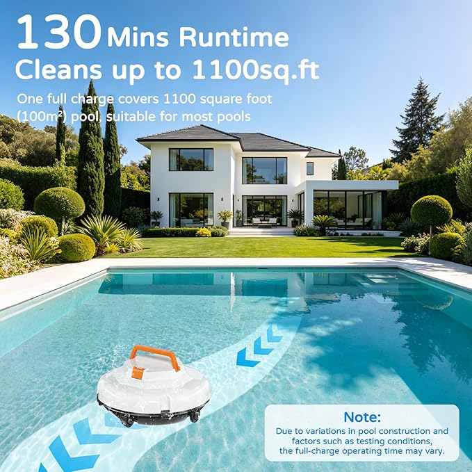 2026 NEW Cordless Robotic Pool Cleaner, Automatic Robotic Pool Vacuum Cleaner with Dual Motors, 130mins Runtime & Auto Docking Pool Vacuum Robot for Inground Pools Up to 1100 Sq.Ft, JQR-V201, White