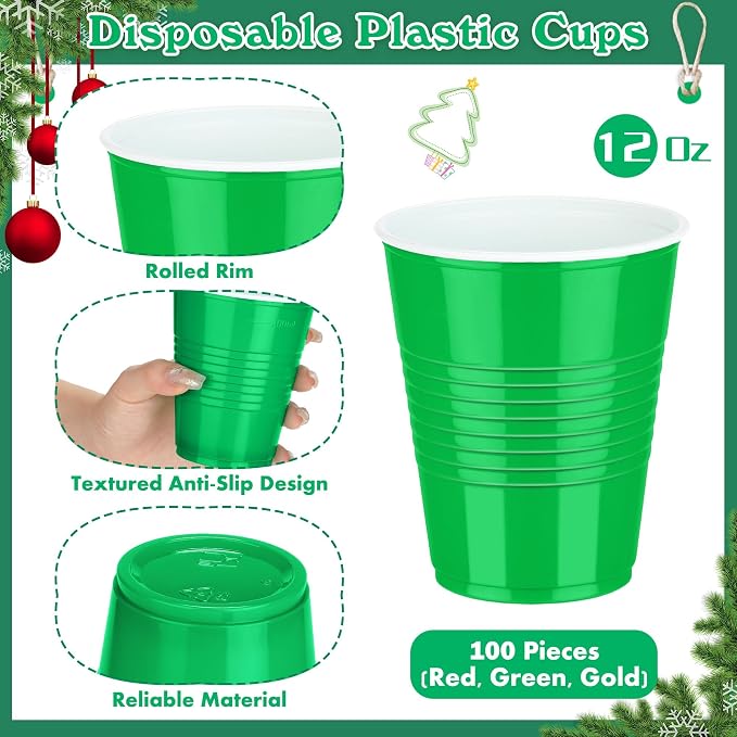 Kochorie 100 Pack Christmas Disposable Plastic Cups 12 Ounce Drinking Party Cups Bulk Party Cups for Christmas Wedding Birthday Graduation Parties, Picnics Events (Red, Green, Gold)