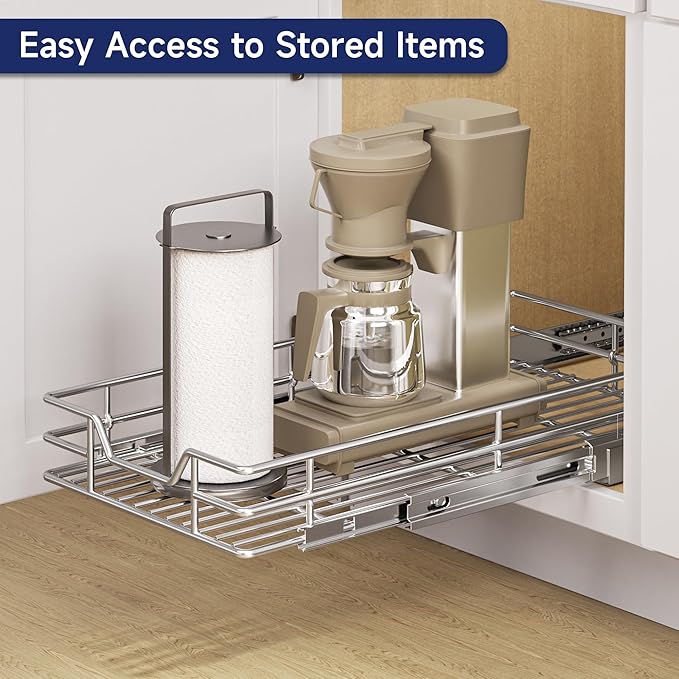 Pull Out Cabinet Organizer, 10.5" W x 18" D, Heavy Duty Chrome Slide Out Shelf for Narrow Base Cabinets, Sliding Wire Basket Drawer for Spices, Bottles, Snacks & Cleaning Supplies