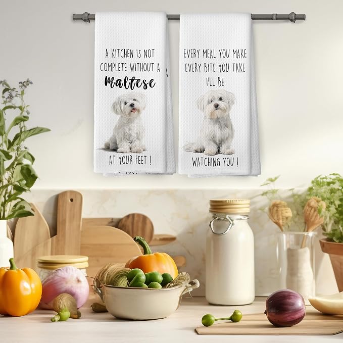 Maltese Dog Kitchen Towels Set of 2, Funny Dog Kitchen Decor, Dogs Gifts for Women Men Hand Towel, Pet Owner Gift Decorative Tea Towels Dish Towel 16x24 Inch