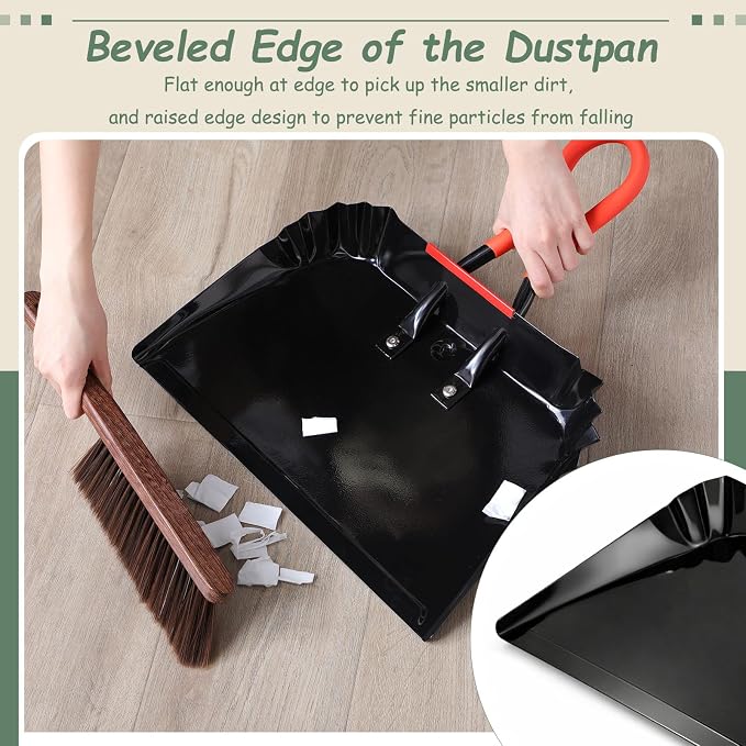 Pasimy 2 Pack 17" Metal Dust Pan and Brush Set, Large Heavy Duty Handheld Industrial Dustpan with Handle Debris Sweeping Tool Metal Edge Flat Against Floor for Outdoor Patio Yard Garage (Black)