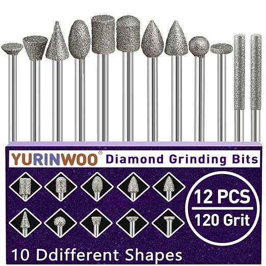 120-Grit Diamond Grinding Bit 1/8" Shank Compatible with Dremel Rotary Tool, 12Pcs Diamond Grinding Burrs for Stone Jade Glass Resin Metal Porcelain Ceramic Quartz Glaze Carving Engraving Polishing