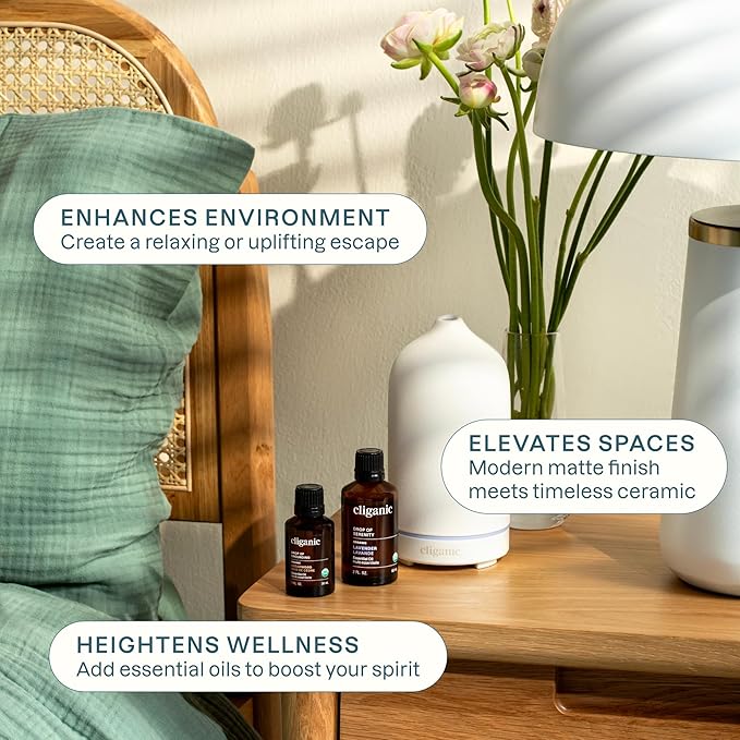 Cliganic Ceramic Diffuser (White), 100ml Ultrasonic for Essential Oils Aromatherapy, Home & Office