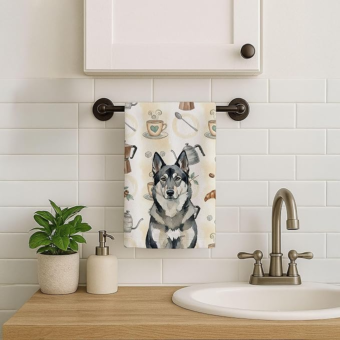 Caroline's Treasures Norwegian Elkhound Coffee Bar Kitchen Towel Velour Plush Front and Cotton Loop Back Machine Washable
