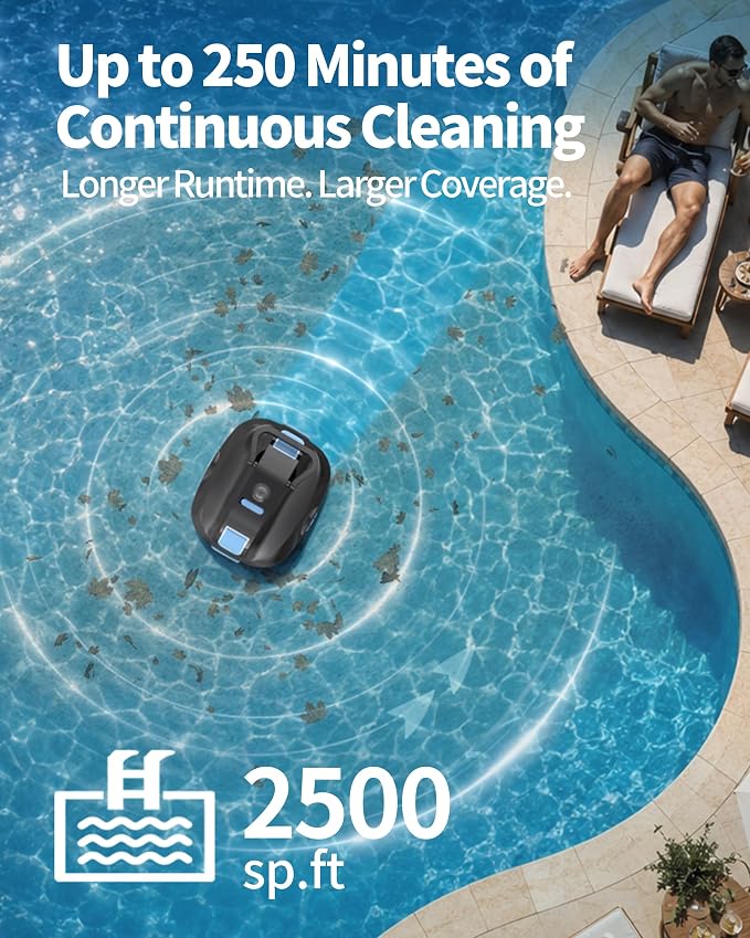 (2026 Upgrade) Robotic Pool Cleaner -Up to 250-Min Cordless Automatic Pool Vacuum Robot for Above Ground & Inground Pools -Powerful Suction Self-Parking for Swimming Pool up to2200 Sq. Ft -Black