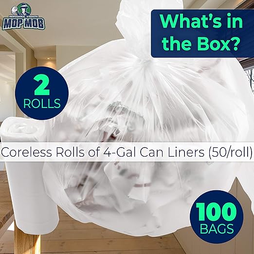 Leak-Proof Clear 4 Gallon Trash Can Liners, 100 Count, Coreless Roll, No Mess Disposal, Guaranteed for Life