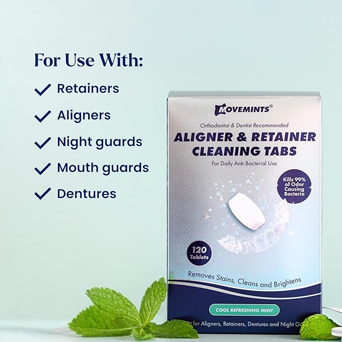 Movemints Cleaning Tablets for Aligners, Retainers, Dentures, Night Guard – Ultrasonic Compatible – Freshen Appliance and Remove Stains, Odors, and Plaque – Mint, 120 Count