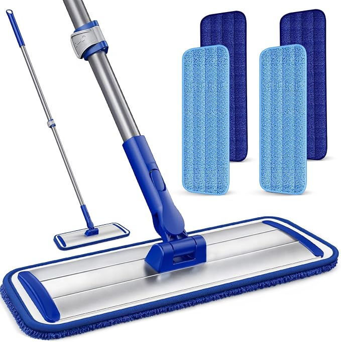 Microfiber Flat Mop for Hardwood Floors | 4 Washable Pads, 55" Professional Stainless Steel Handle, 360° Swivel, Wet/Dry Use for Tile, Laminate, Vinyl, Wall.