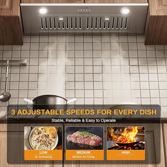 30 Inch Range Hood Insert, 600 CFM Convertible Ducted/Ductless Kitchen Hood in Stainless Steel Finish, 3-Speed Exhaust Fan with LED Lights, Baffle Filters