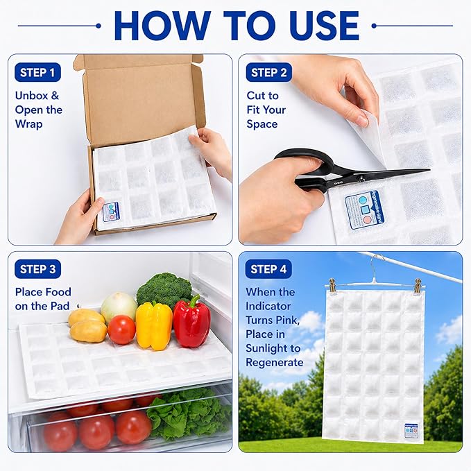 Rechargeable Refrigerator Deodorizer, Unscented Fridge Deodorizer & Moisture Absorber, Odor Eliminator for Fridge & Freezer, Long-Lasting Cut-to-Fit Fridge Shelf Liner (11.8×19.3 in, 2 Pack)