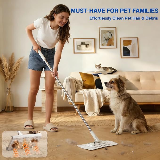 Mini Mop, Hands-Free One-Touch Pad Release, 360° Rotating Head, Wet & Dry, Extends Up to 48in Handle, Zero-Cost Old Cloth Compatible for Hardwood Floors, RV & Pet Hair