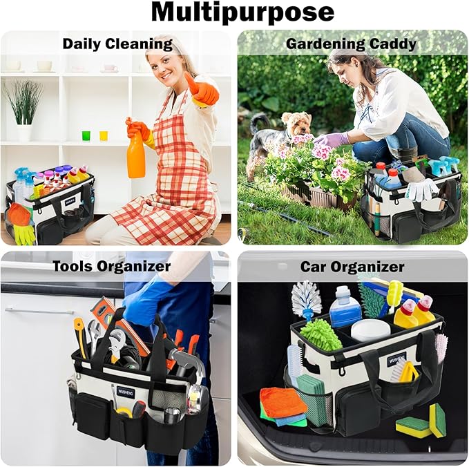 Wearable Cleaning Caddy Bag,Cleaning Supply Tote for Cleaning Supplies, Cleaning Organizer with Adjustable Shoulder and Waist Straps for Cleaners Housekeepers (Black-White, Large)