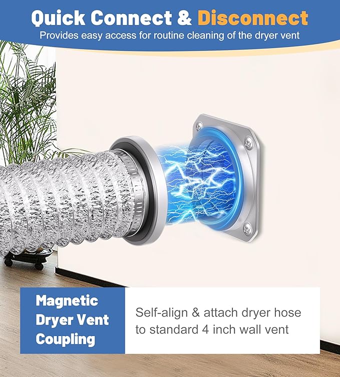 Magnetic Dryer Vent Coupling Connector Kit - DV180 Airtight Seal, Quick Magnetic Connect/Disconnect, Includes 4" Extendable Flexible Duct Hose, 2 Clamps, Screws - Easy Install & Lint Cleaning (silver)