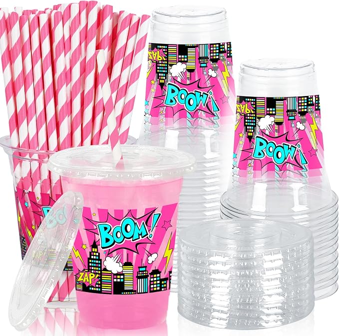 FYSUIMU 50Pcs 12Oz Pink Hero Themed Plastic Cups with Lids & Straws Skyline Super Girly Building Disposable Clear Drinking Cups for Birthday Baby Shower Party Supplies