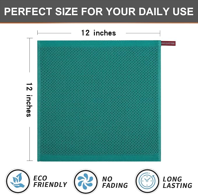Kitinjoy 100% Cotton Kitchen Dish Cloths (12 X 12 Inches, Teal), 12 Pack Waffle Weave Ultra Soft Absorbent Dish Towels for Drying Dishes Quick Drying Kitchen Towels Dish Rags