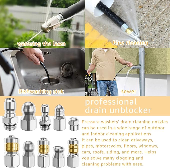 Jetter Heads Kit (Pack of 10) Jetter Nozzle Kit Rotating Button Drain Cleaning Nozzle Tips for Pressure Washer Sewer Jetter Kit Stainless Steel Pressure 5000 PSI