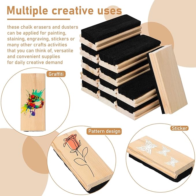 Marspark Felt Style Erasers, Cleaner Dusters Felt Chalkboard Eraser for Kids Wood Chalk Eraser for Chalkboard Cleaners Dusters for Markers White Black Boards Paint School Students Teachers(24 Pieces)