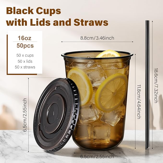 KesaPlan 50 Pack 16 oz Black Plastic Party Cups with Lids & Straws, Disposable Iced Coffee Cup with Lids, Round Bottom Drinking Cups for Cocktail Cold Beverages Birthday Wedding Picnics Party Supplies