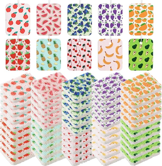 Maxdot 50 Counts Compressed Cellulose Sponges Bulk Fruits Pattern Natural Kitchen Compostable Non Scratch Dish Sponges for Washing Dishes,Cleaning Countertop Sink,Kids DIY