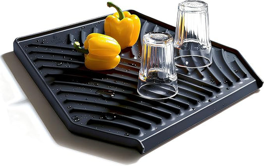 Silicone Dish Drying Mat with Drain, Self-Draining, Heat Resistant & Non-Slip Kitchen Counter Mat, Easy to Clean, Reusable, (19.3'' x 13'', Charcoal Grey)