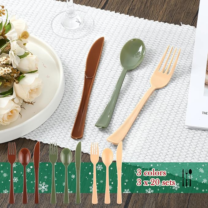 Minatee 180 Pcs Woodland Party Plastic Silverware Heavy Duty Cutlery Sets Disposable Utensils for Holiday Birthday Themed Party Supplies, 60 of Each Forks Knives Spoons