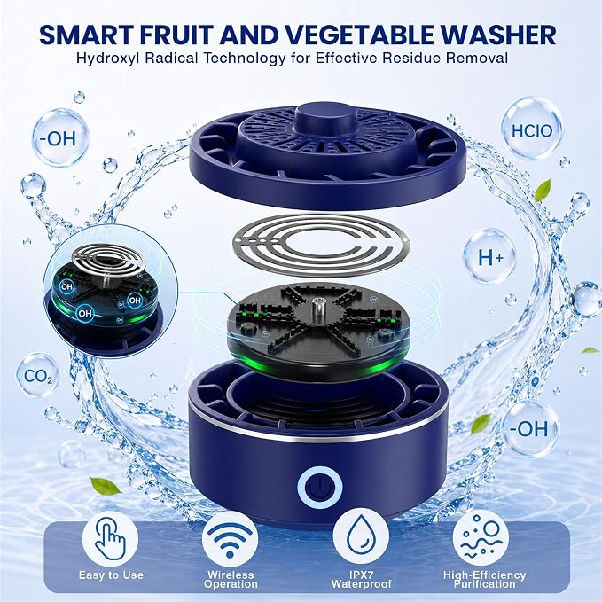 Fruit and Vegetable Washer Purifier, IPX7 Waterproof Wireless Produce Cleaner with OH-ion Disinfection Technology, Removes Wax, Pesticides for Cleaning Fruits, Vegetables, Grains, Rice, and Seafood