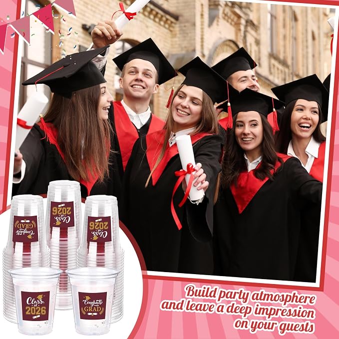 Amyhill 60 Pack 12oz Graduation Cups 2026 Graduation Decorations Disposable Plastic Cups Sturdy&Durable Drinkware for Class of 2026 Decorations Congrats Grad Party Favors Supplies (Gold Dark Red)