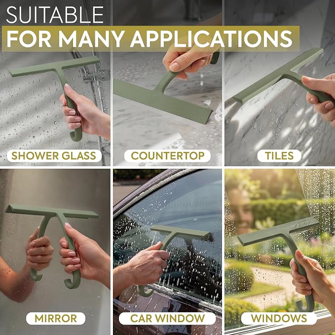 GÜTEWERK Shower Squeegee for Glass Doors – Bathroom Squeegee for Shower Glass & Tile Walls, Streak-Free & No-Squeak Silicone Blade, Stainless Steel Core, Hang Hook + Suction Cup, Green, 10 Inch