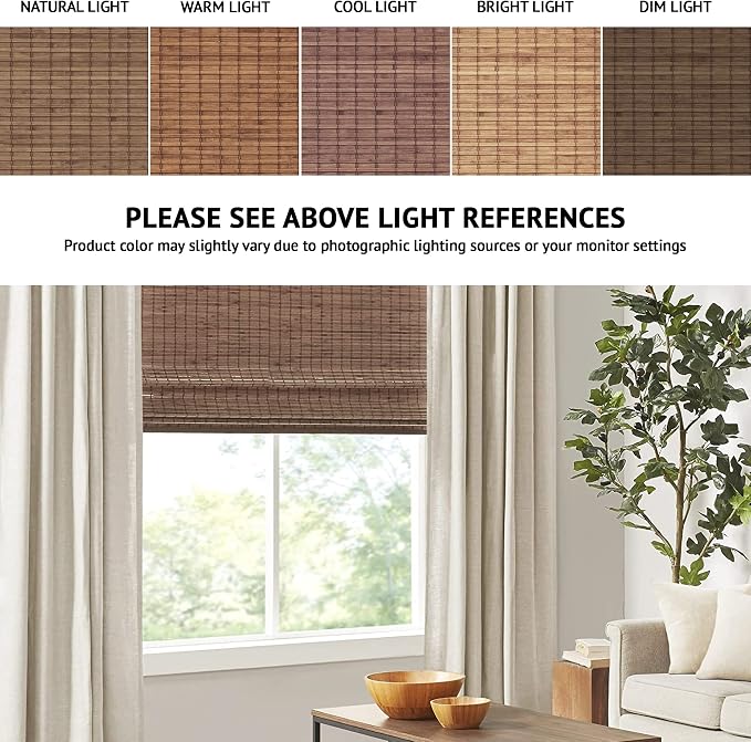 Madison Park Eastfield 100% Bamboo Cordless Roman Shades-Woven Wooden Privacy Panel, Light Filtering Easy Installation Window Blind Treatment, Bedroom, Living Room Decor, 33" W x 64" L, Teak