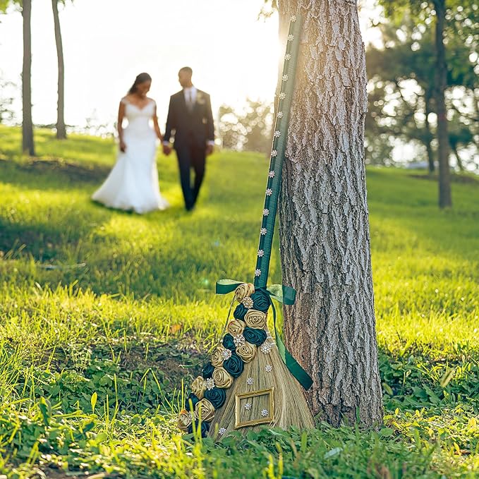 Wedding Broom for Jumping the Broom Ceremony - 40" Handcrafted with Natural Broom Corn, Velvet Roses, Crystals & Photo Frame, DIY Kit (Green & Gold, Premium Gift Box)