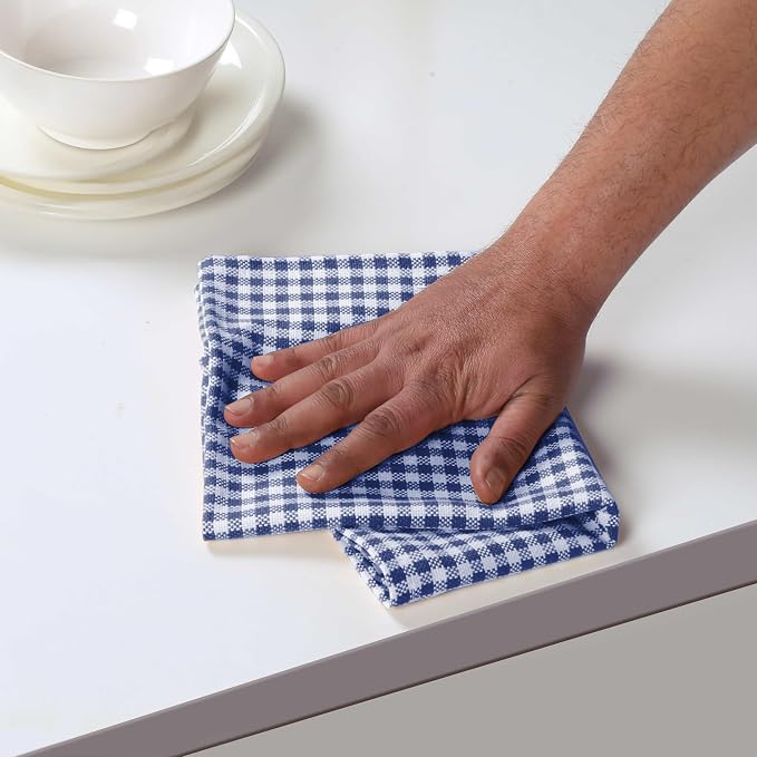 4 Pack Gingham Check Kitchen Dish Towels 16x26 Inches, Absorbent & Durable, Washable, Hand Tea Towels with Hanging Loop - Ideal for Restaurants & Home Kitchens, Blue White